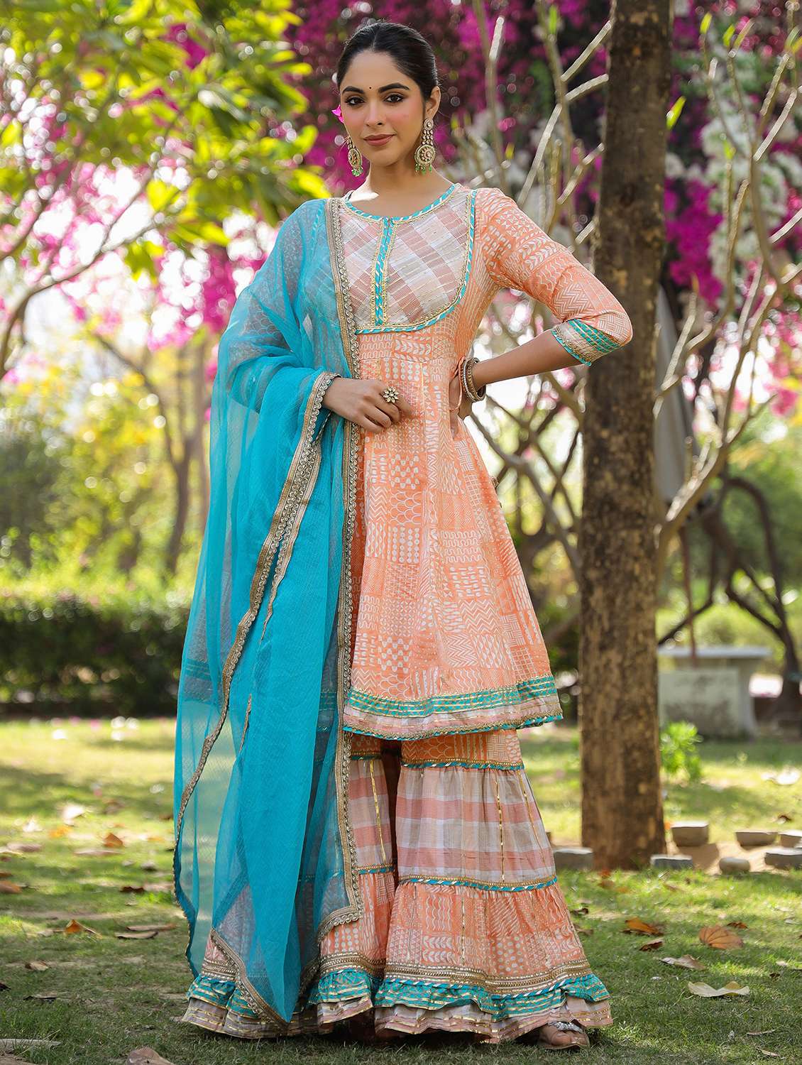 women embroidered three quarter sleeve kurta sharara with dupatta set