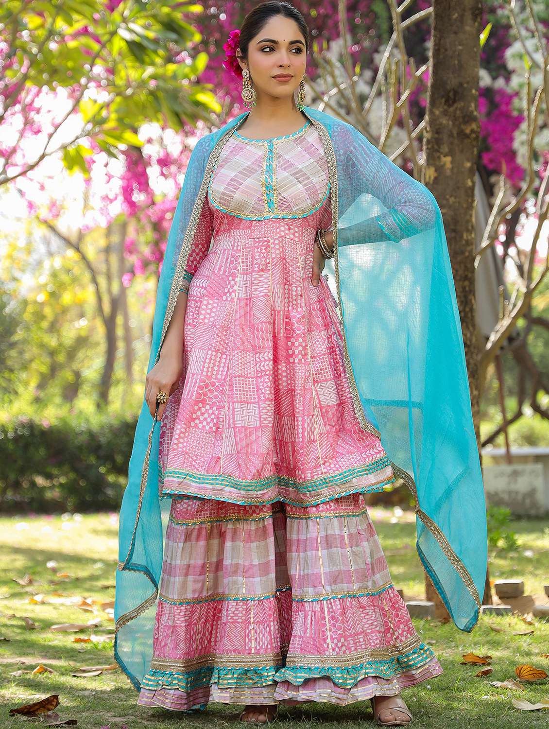 women embroidered three quarter sleeve kurta sharara with dupatta set