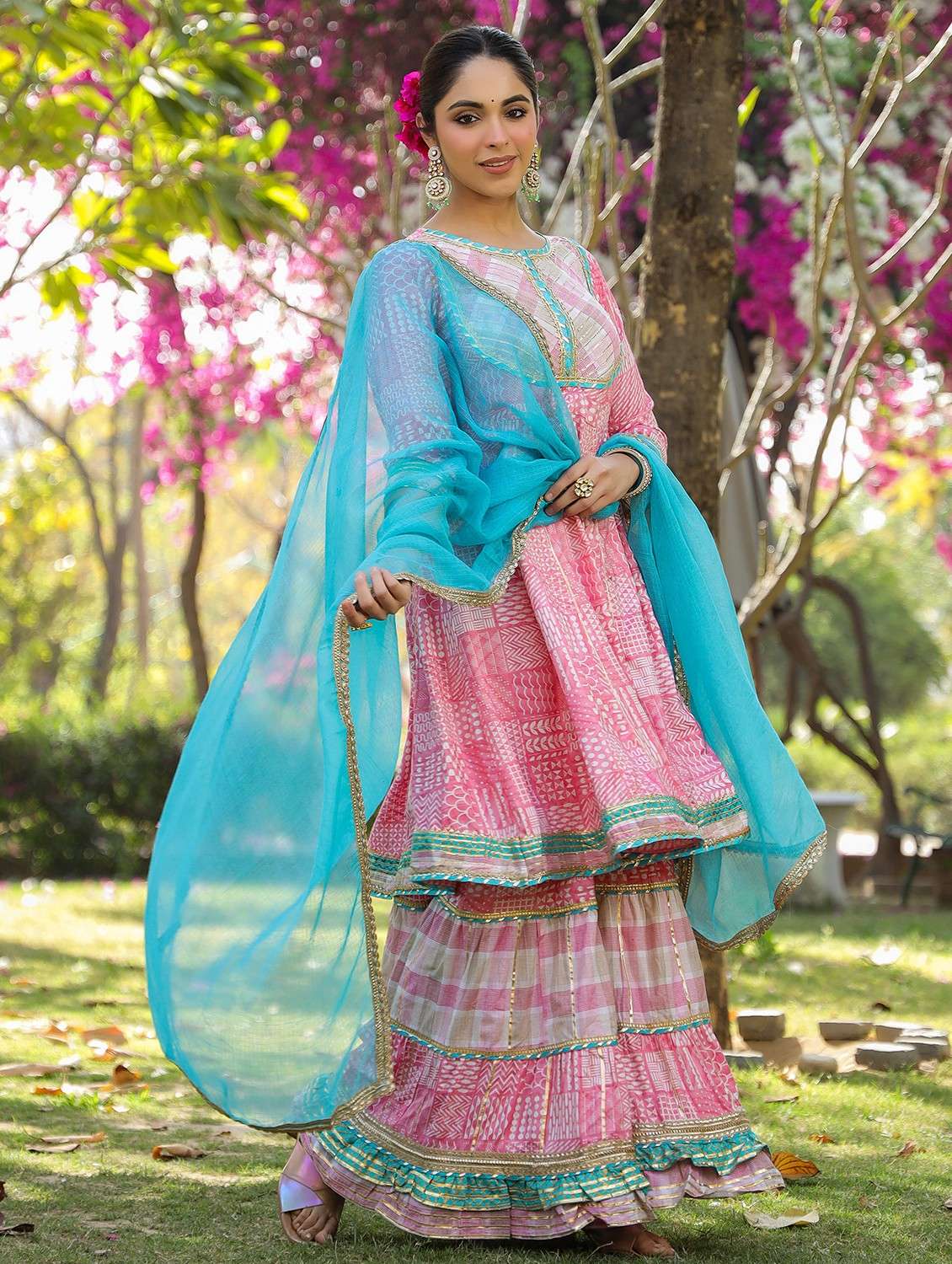 women embroidered three quarter sleeve kurta sharara with dupatta set - 22093240 -  Standard Image - 1