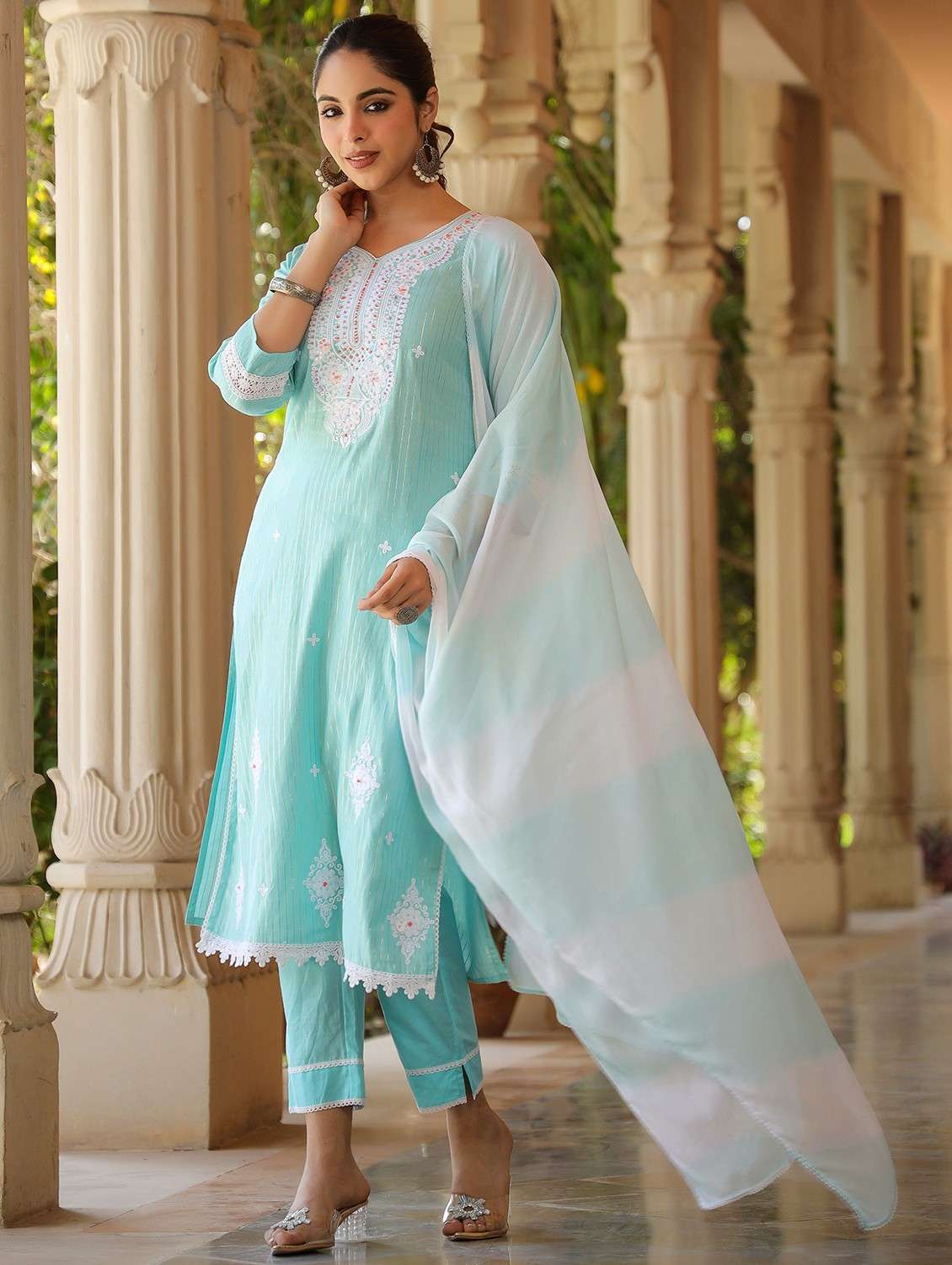 women embroidered three quarter sleeve kurta pant with dupatta set - 22093244 -  Standard Image - 1