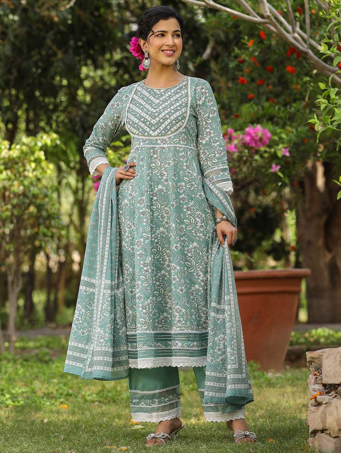 women embroidered three quarter sleeve kurta pant with dupatta set - 22093248 -  Standard Image - 1