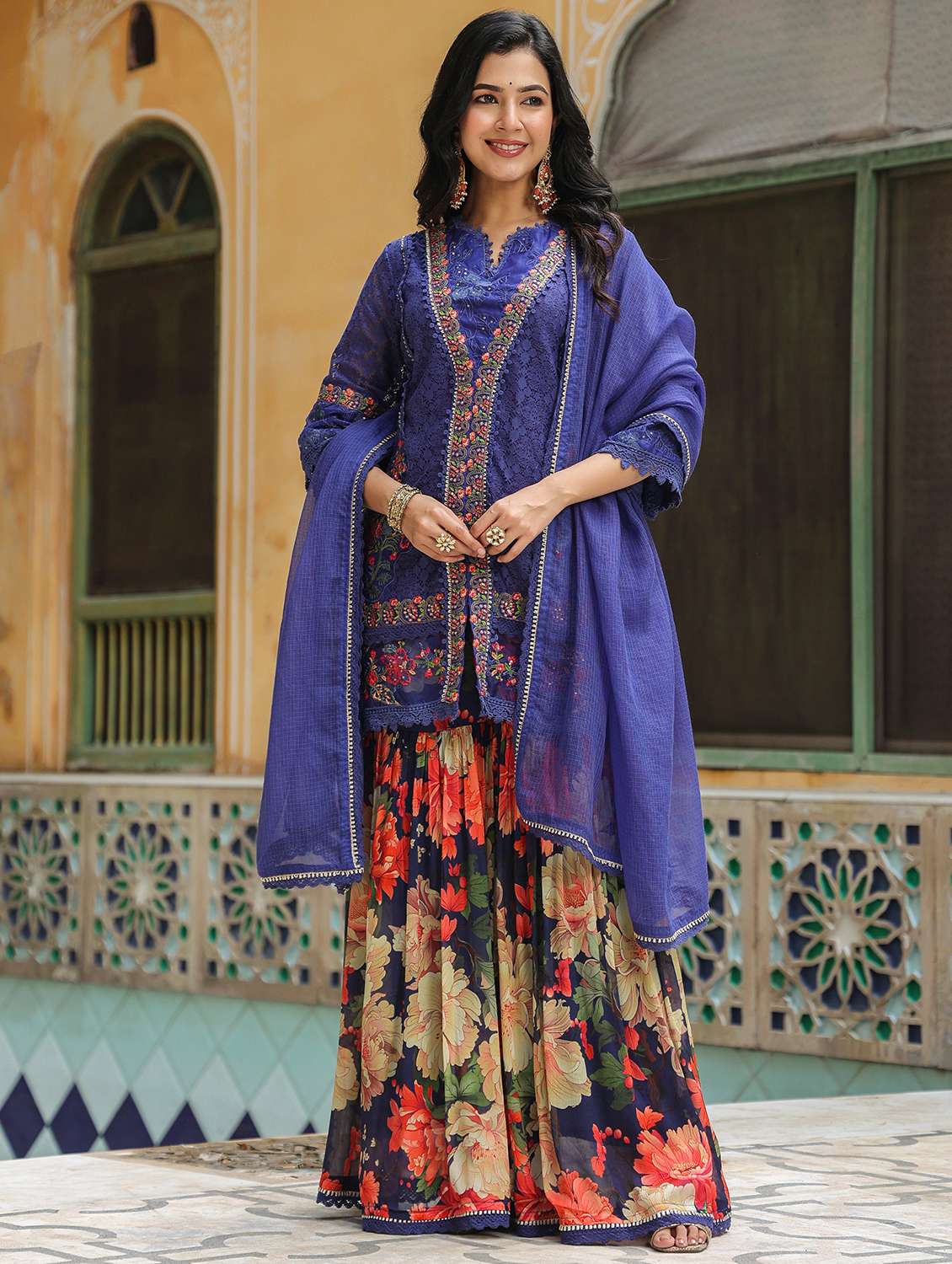 women embroidered three quarter sleeve kurta sharara with dupatta set