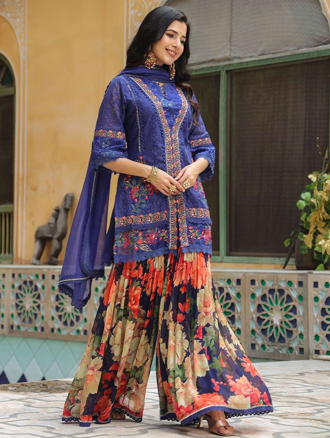 women embroidered three quarter sleeve kurta sharara with dupatta set - 22093257 -  Standard Image - 1