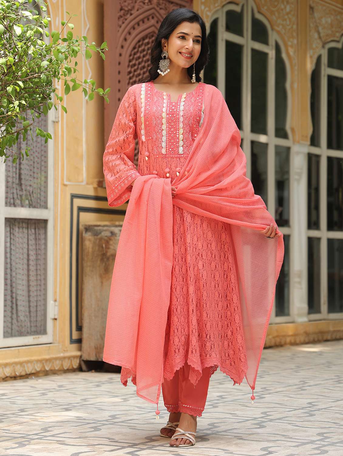 women embroidered long sleeve kurta pant with dupatta set