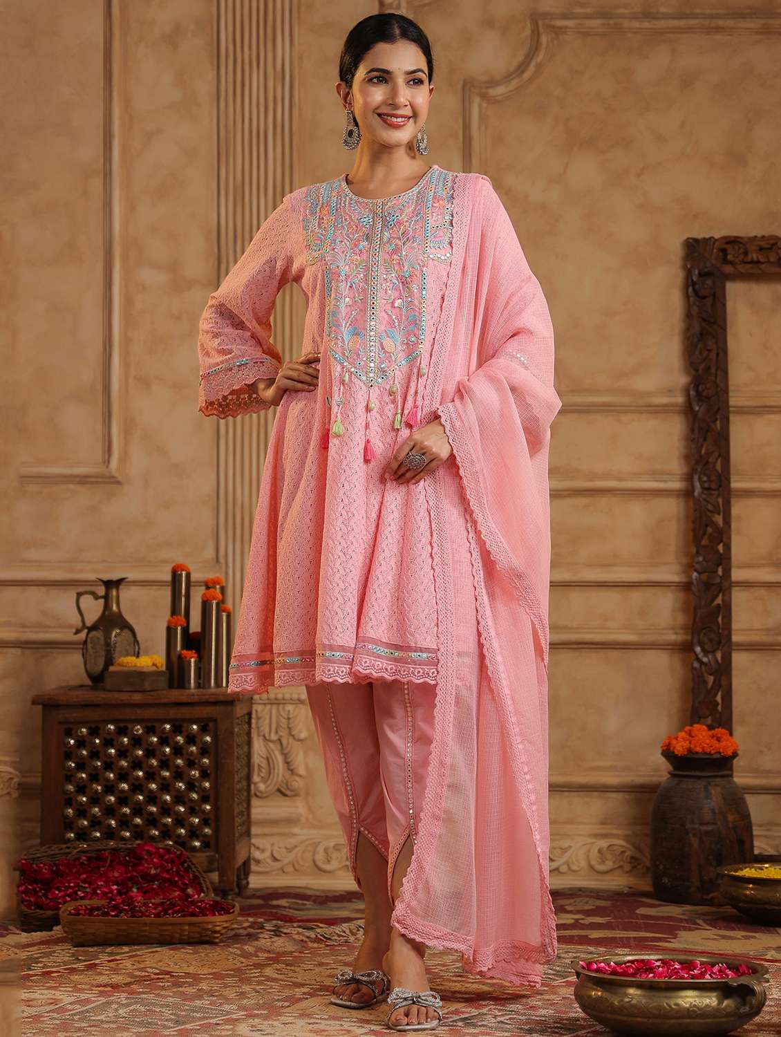 women embroidered long sleeve kurta pant with dupatta set