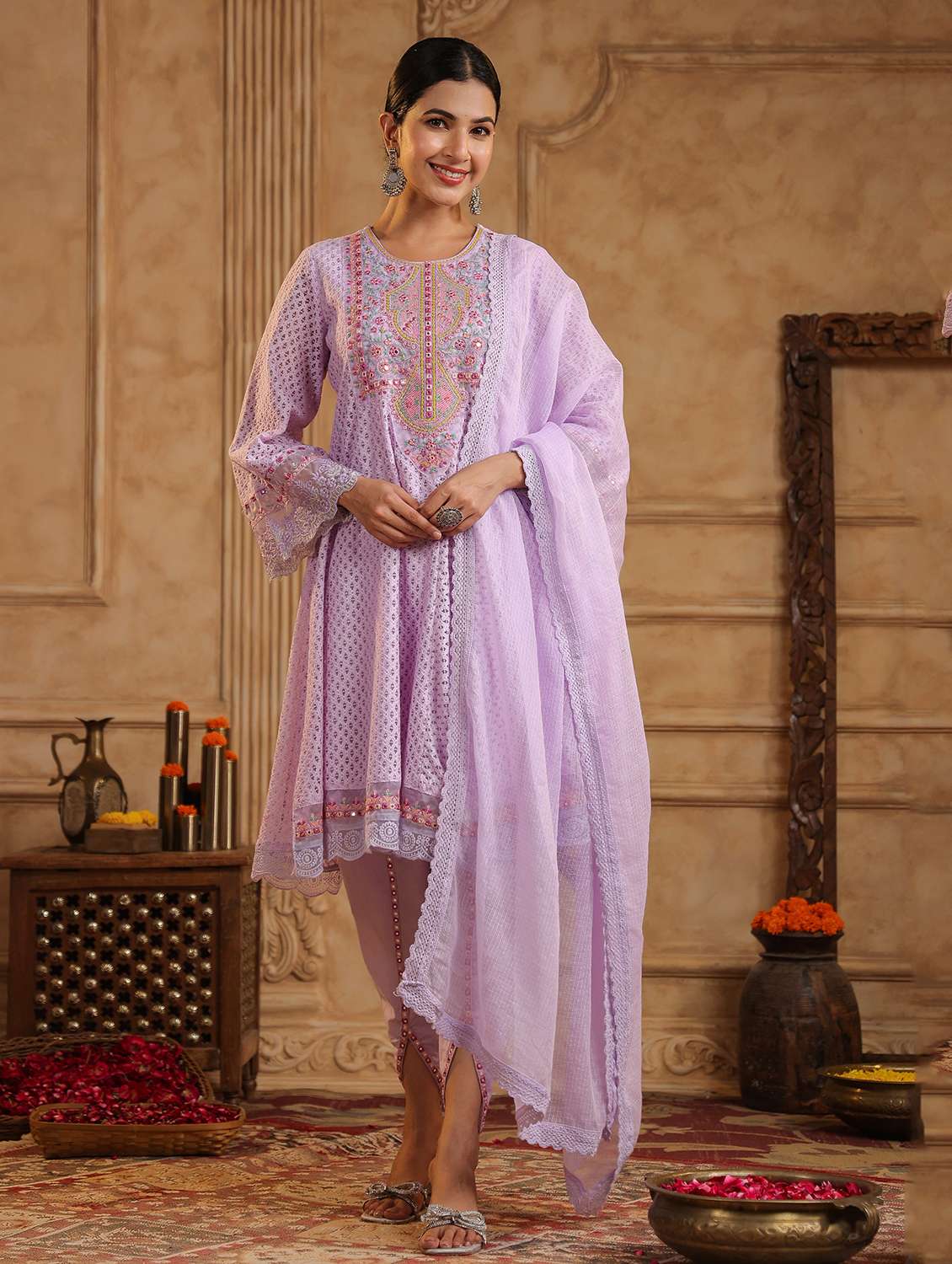 women embroidered three quarter sleeve kurta pant with dupatta set