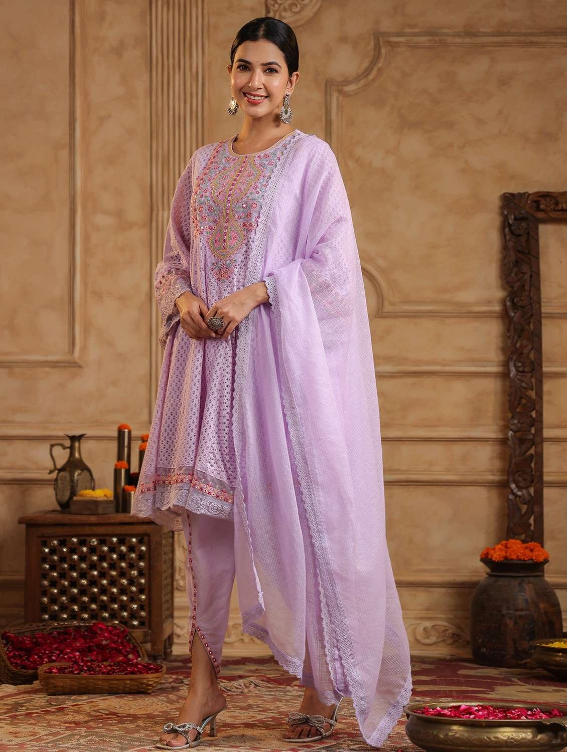 women embroidered three quarter sleeve kurta pant with dupatta set - 22093265 -  Standard Image - 1