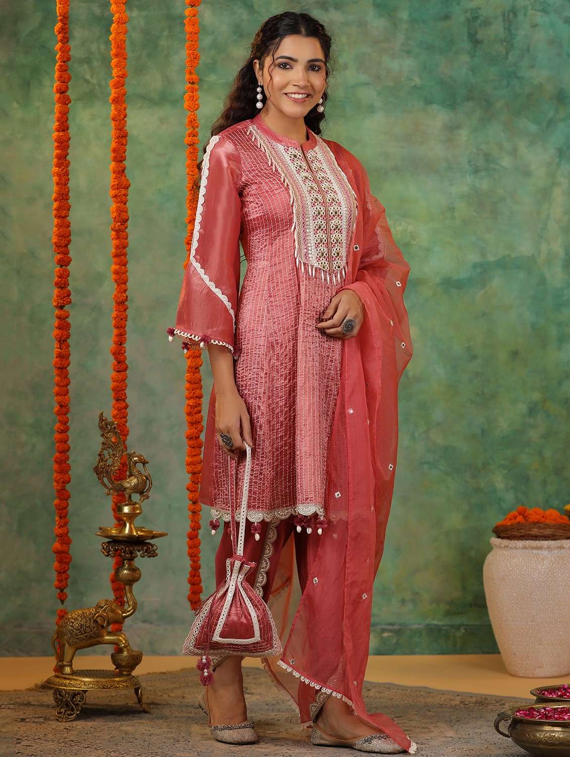 women embroidered three quarter sleeve kurta pant with dupatta set - 22093268 -  Standard Image - 1