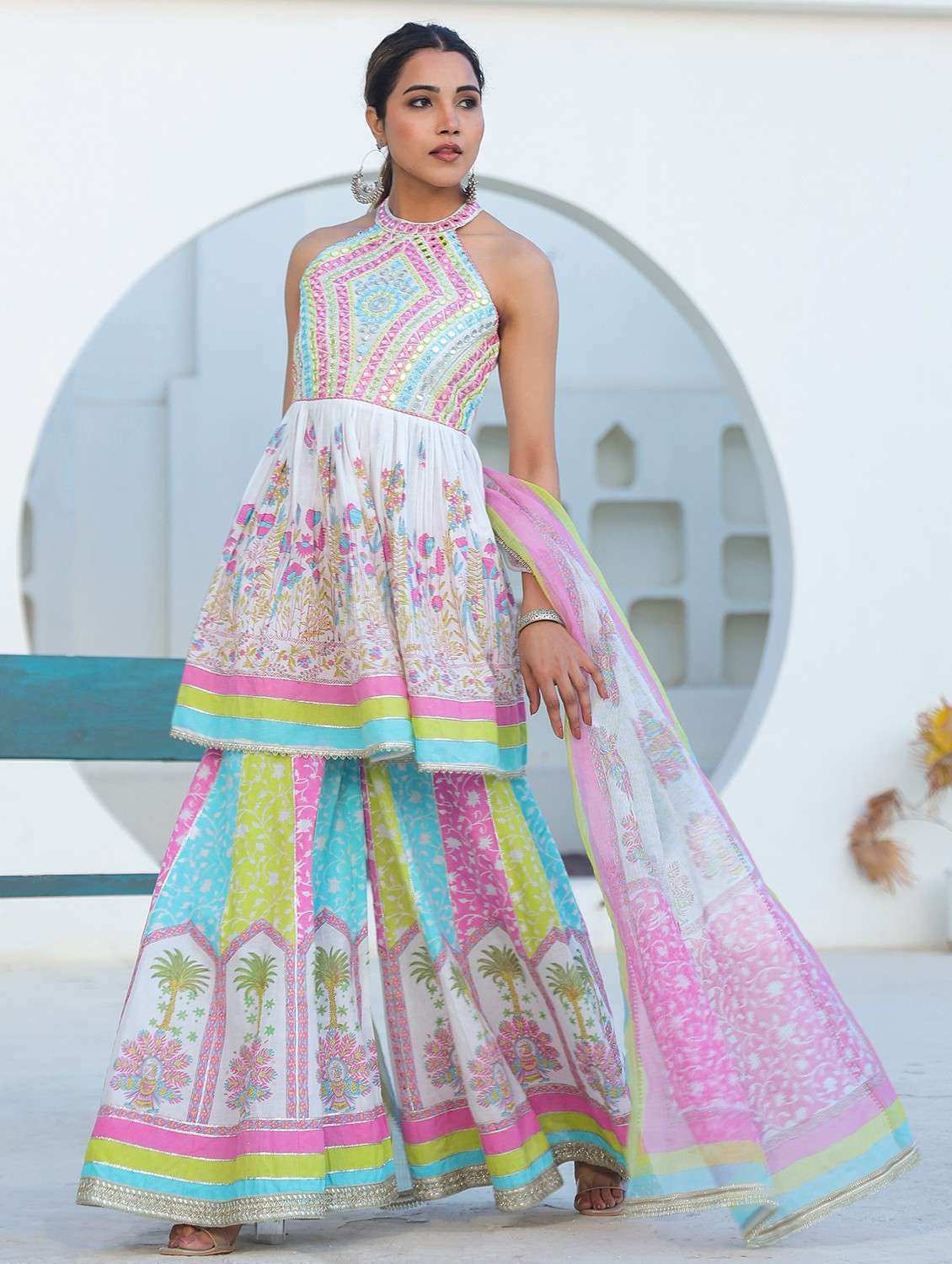 women embroidered sleeveless kurta sharara with dupatta set - 22093274 -  Standard Image - 1