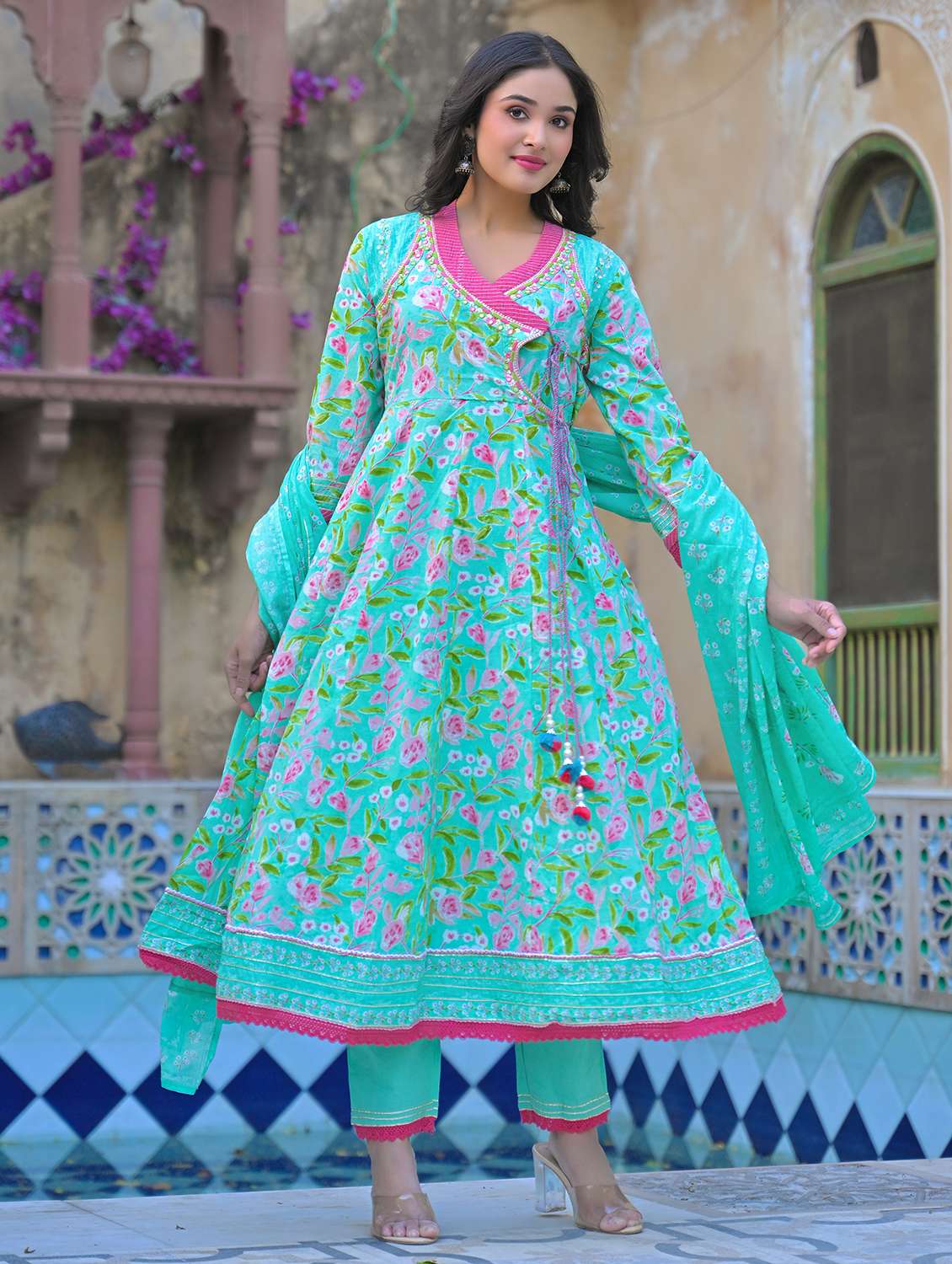 women embroidered three quarter sleeve kurta pant with dupatta set