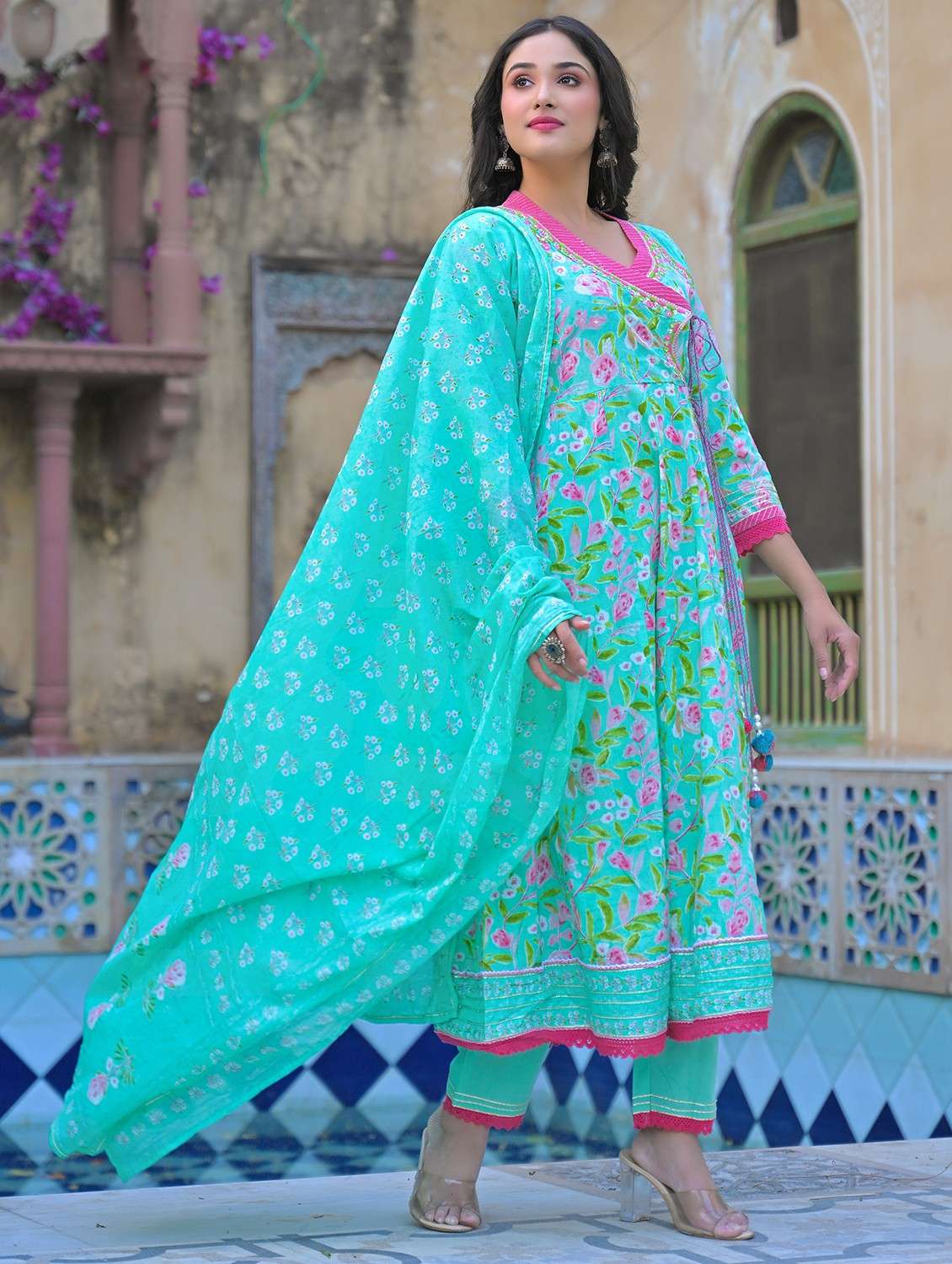 women embroidered three quarter sleeve kurta pant with dupatta set - 22093275 - Standard Image - 1