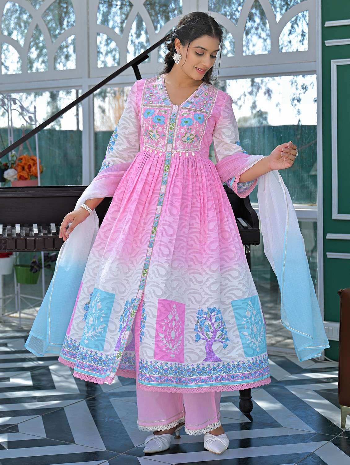women embroidered three quarter sleeve kurta pant with dupatta set - 22093282 -  Standard Image - 1