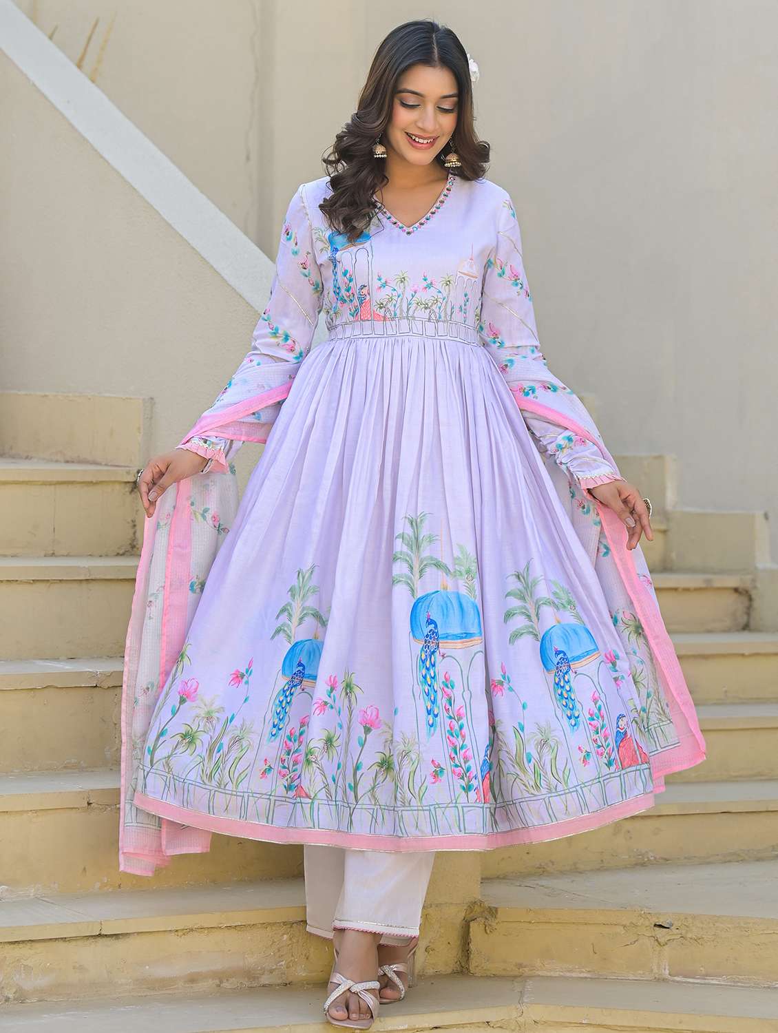 women printed long sleeve kurta pant with dupatta set