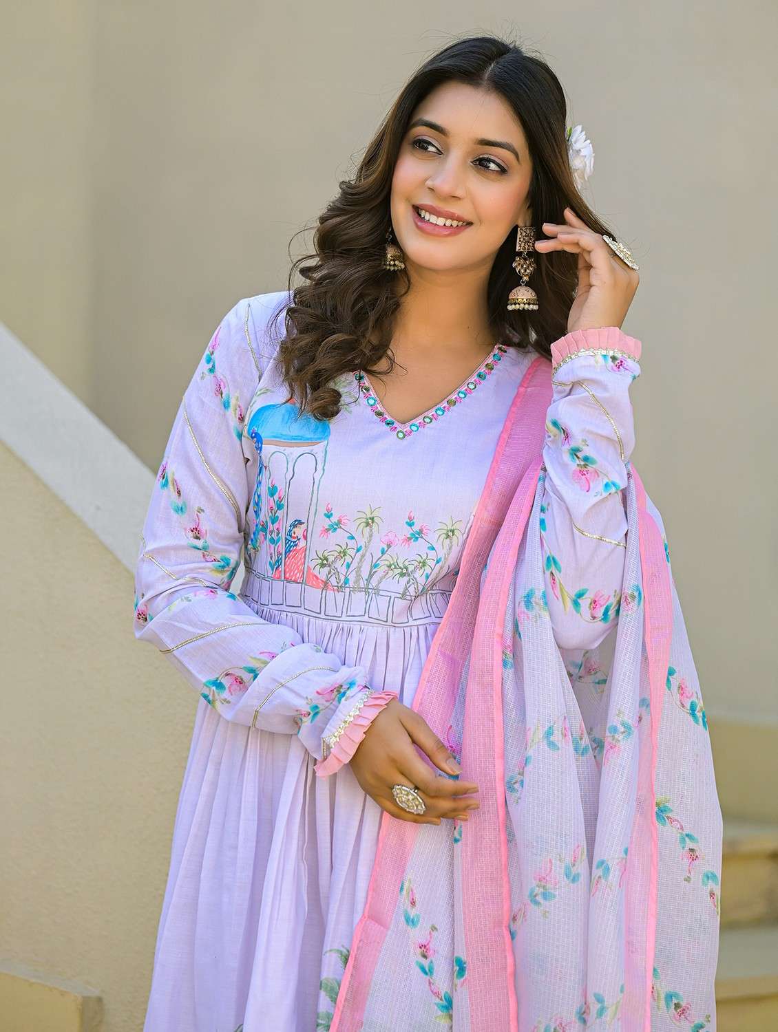 women printed long sleeve kurta pant with dupatta set - 22093286 - Standard Image - 1