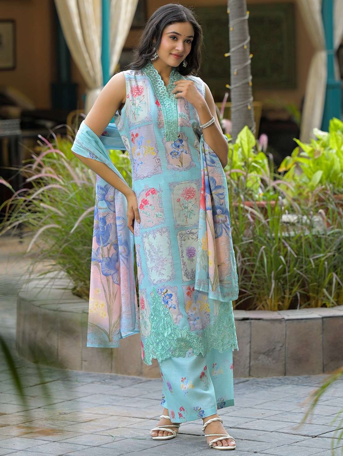 women floral printed sleeveless kurta palazzo with dupatta set - 22093291 - Standard Image - 1