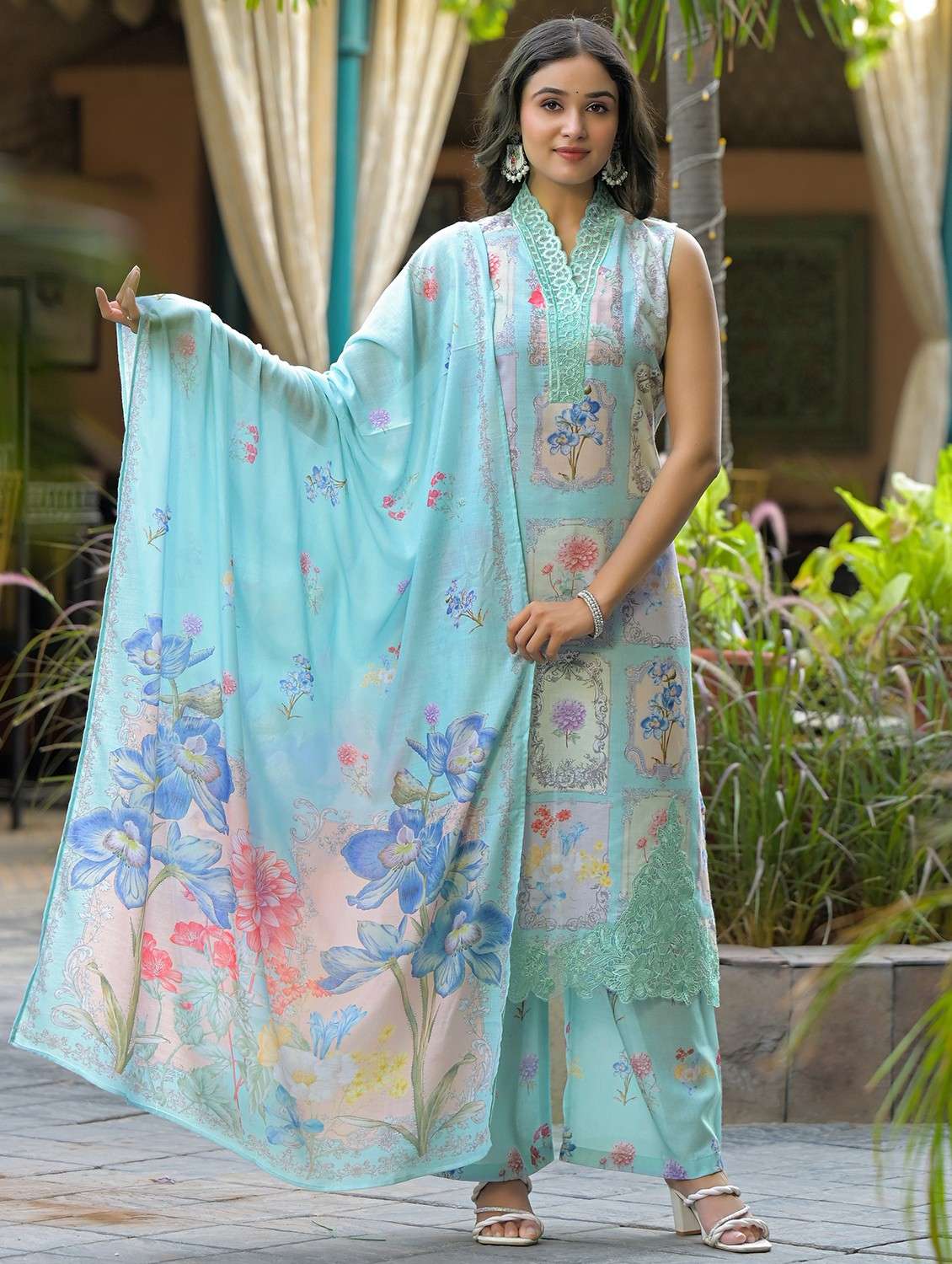 women floral printed sleeveless kurta palazzo with dupatta set - 22093291 - Standard Image - 4
