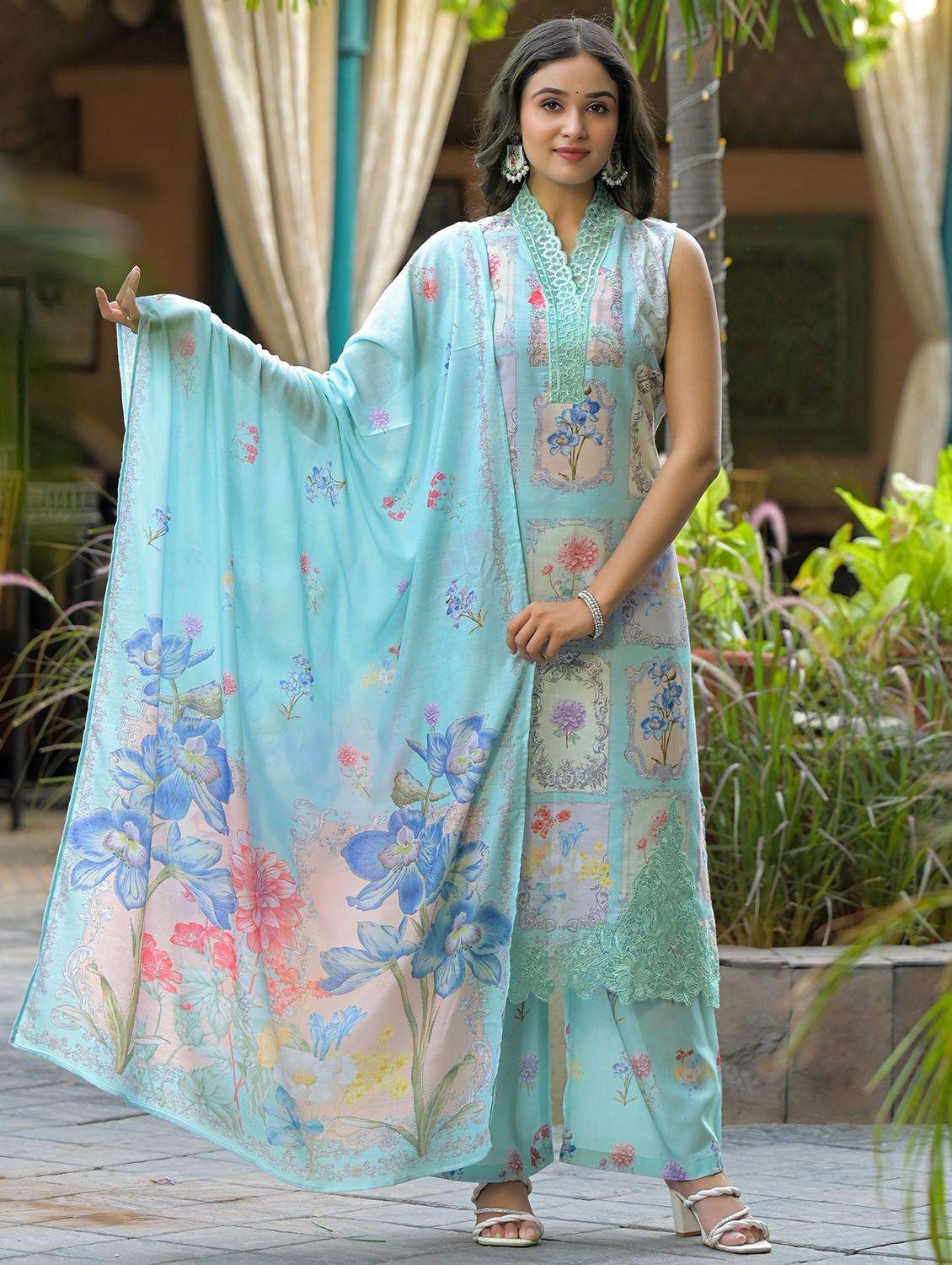 women floral printed sleeveless kurta palazzo with dupatta set - 22093291 -  Standard Image - 4