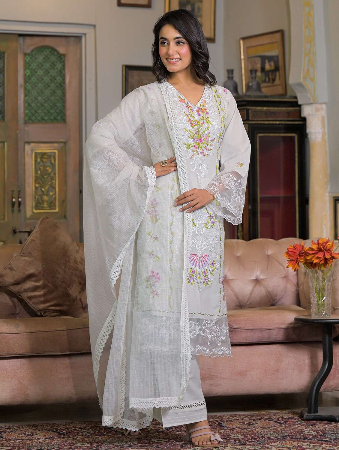 women embroidered long sleeve kurta pant with dupatta set - 22093294 -  Standard Image - 1