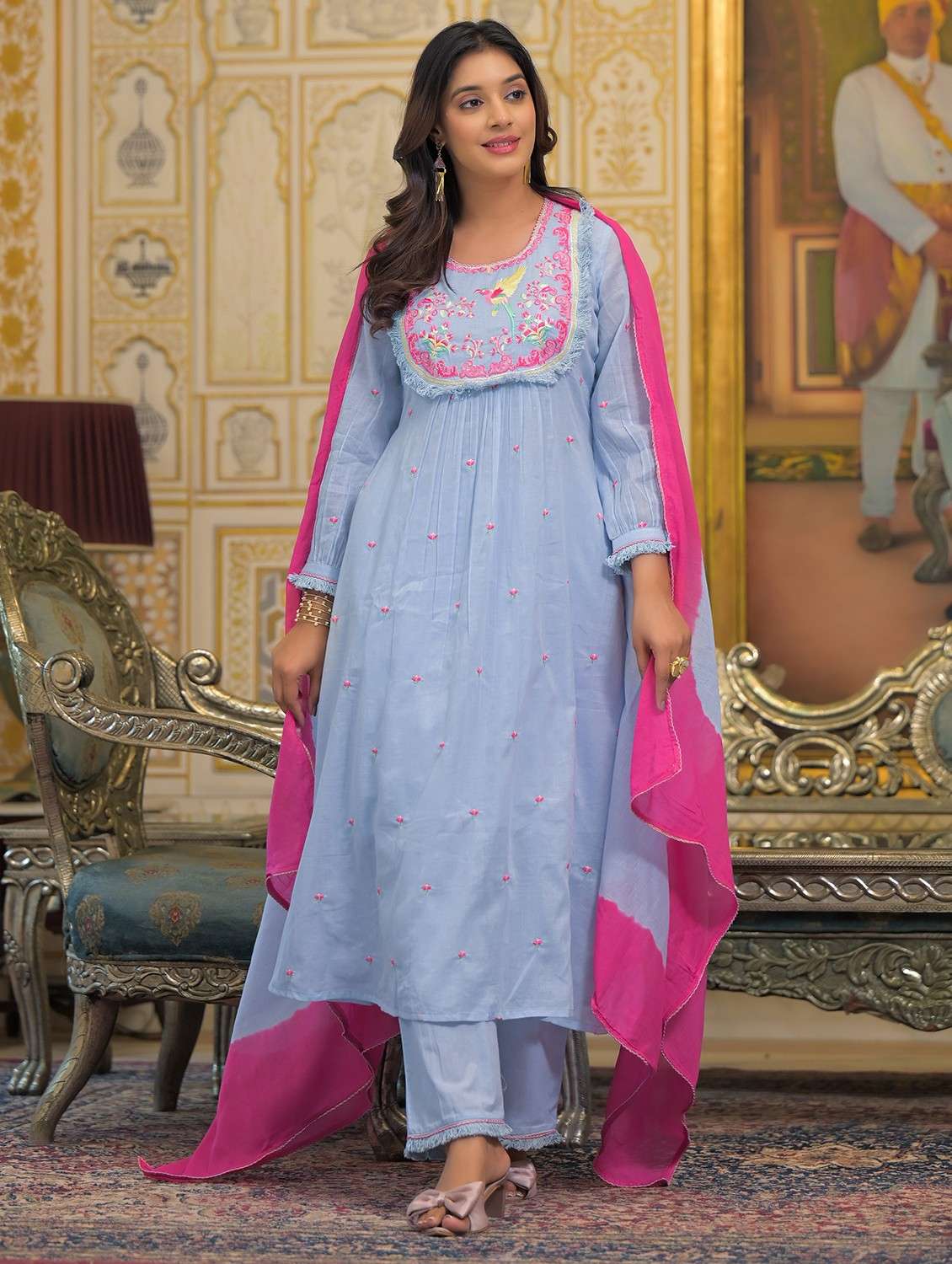 women embroidered long sleeve kurta pant with dupatta set - 22093295 - Standard Image - 1