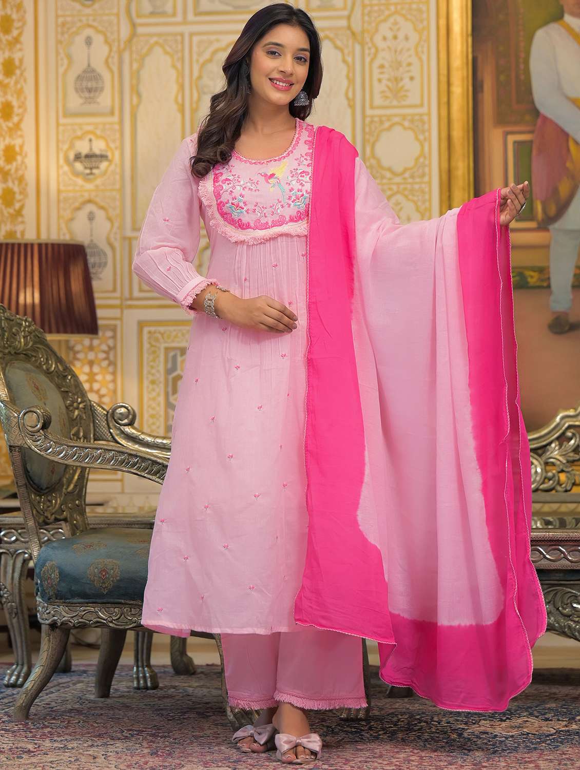 women embroidered long sleeve kurta pant with dupatta set