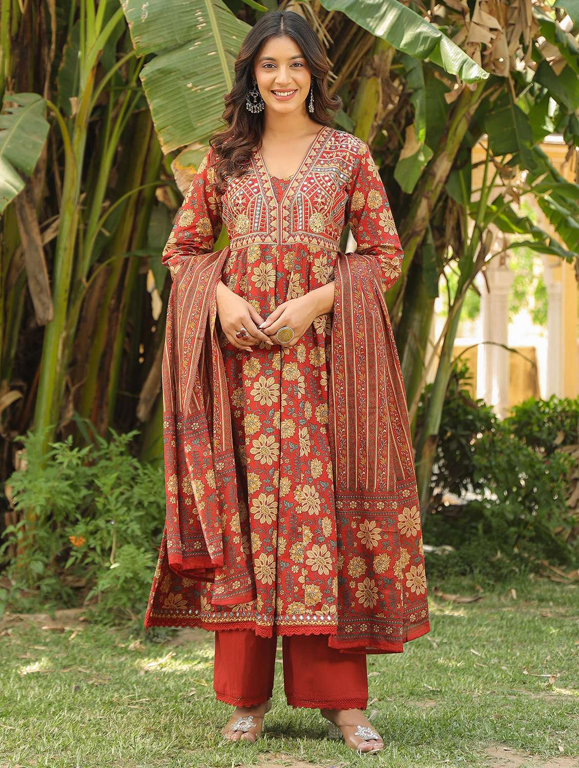 women embroidered three quarter sleeve kurta pant with dupatta set