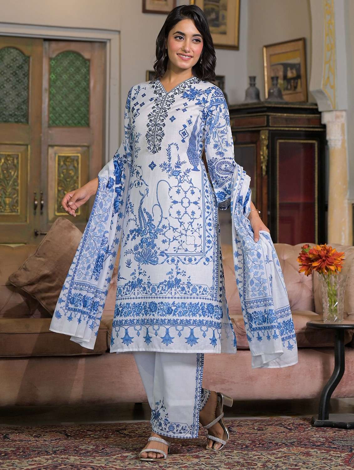 women embroidered three quarter sleeve kurta pant with dupatta set - 22093300 -  Standard Image - 1