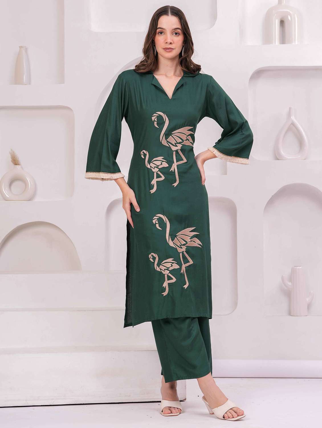 women embroidered bell sleeve kurta and palazzo set - 22093313 - Zoom Image - 0