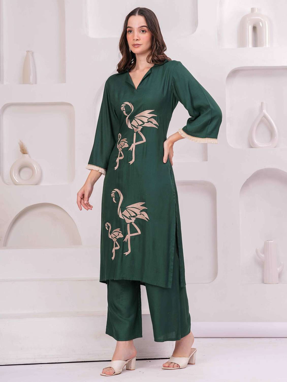 women embroidered bell sleeve kurta and palazzo set - 22093313 -  Standard Image - 1