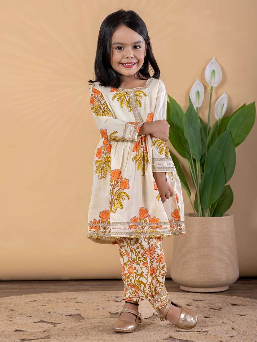 girls printed long sleeve kurta and salwar set  - 22093320 -  Standard Image - 1