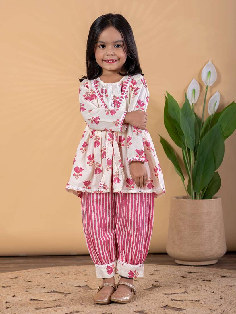 girls floral print long sleeve kurta and salwar set - 22093321 -  Standard Image - 1