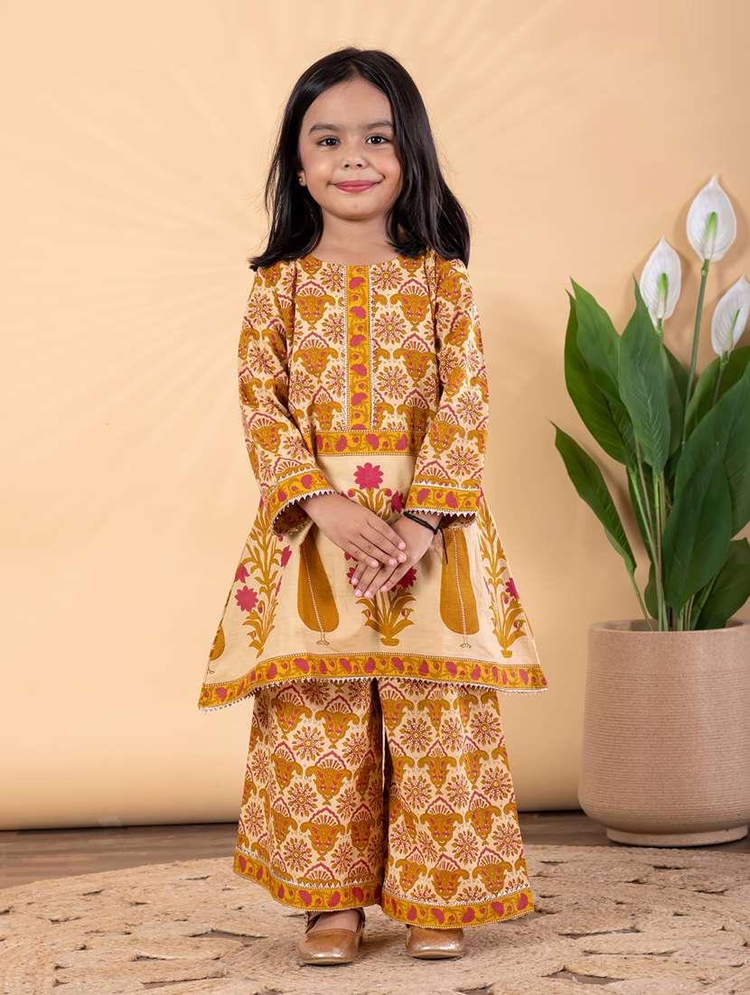 girls printed long sleeve kurta and palazzo set 