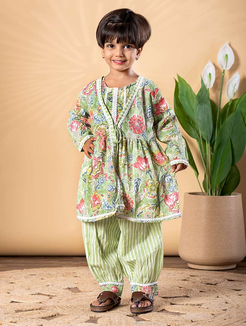 girls printed long sleeve kurta and salwar set  - 22093335 -  Standard Image - 1