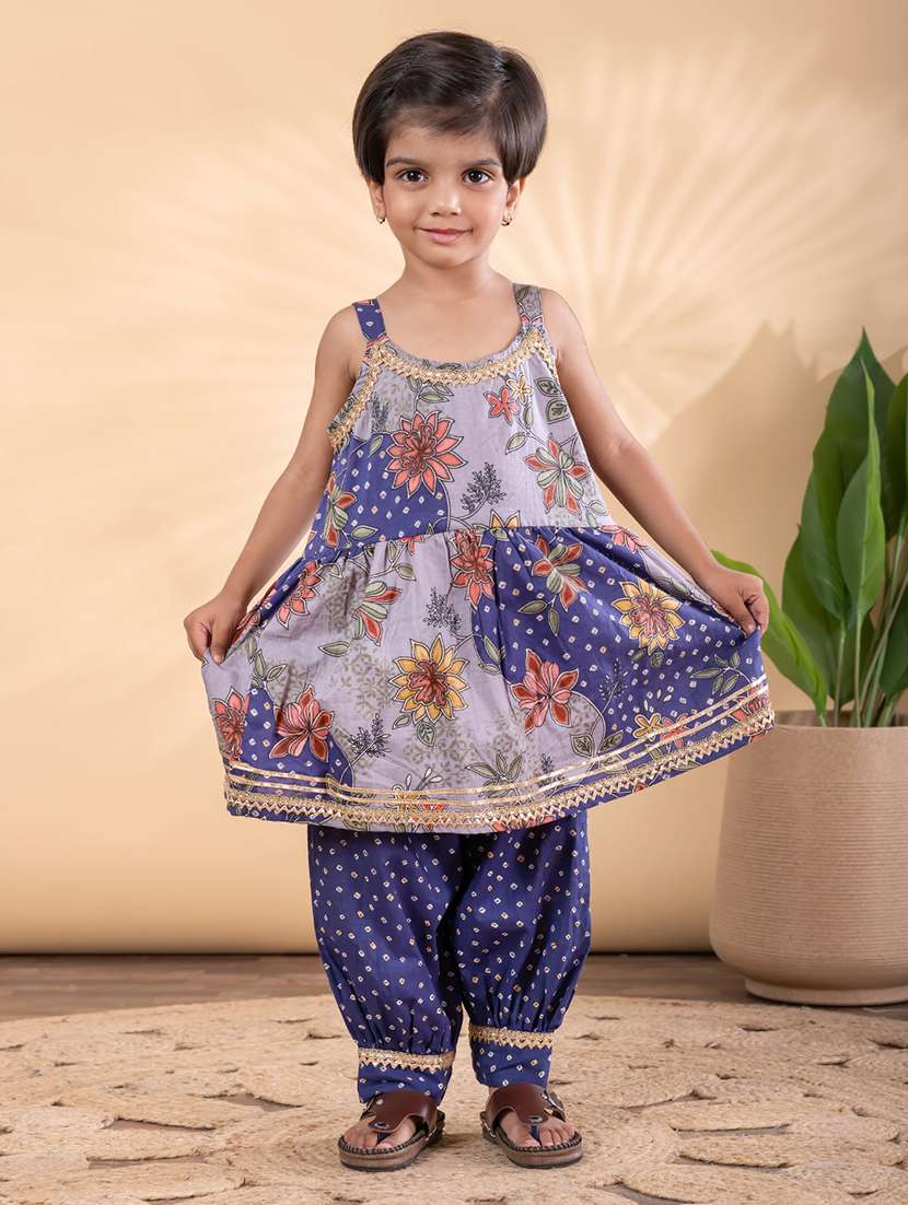girls printed sleeveless kurta and salwar set  - 22093338 -  Standard Image - 1