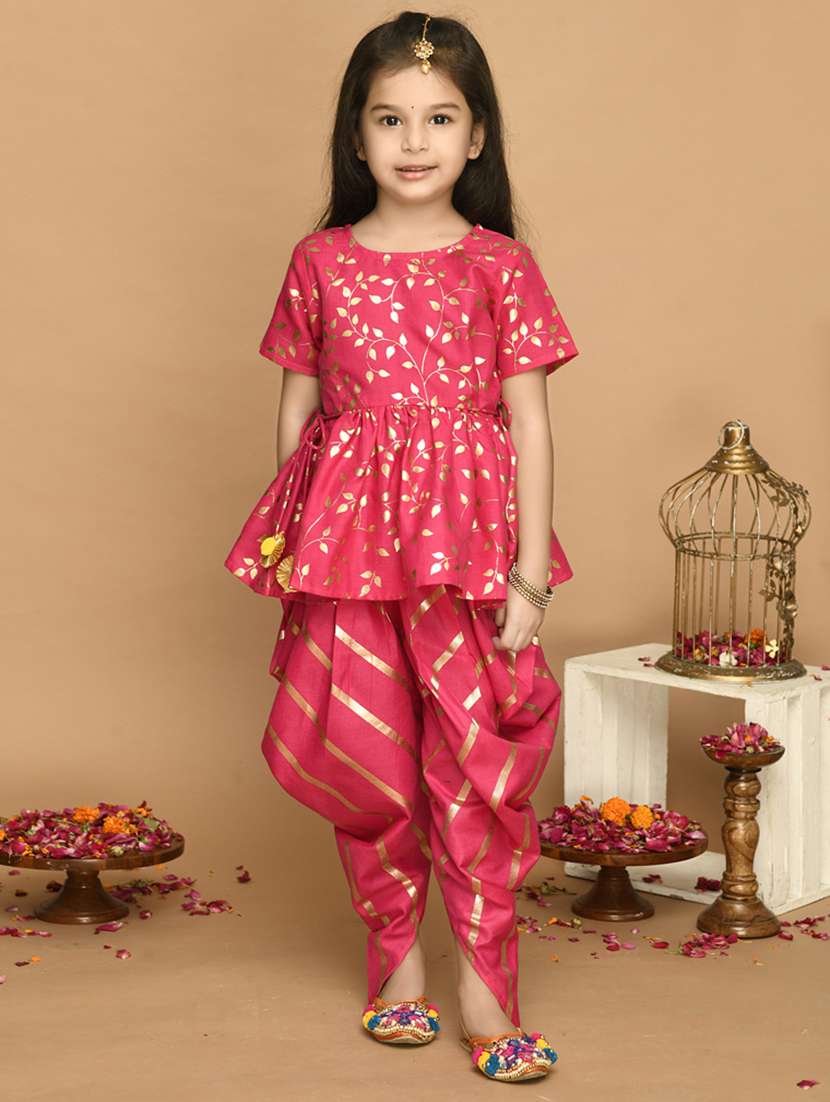 girls foil print short sleeve kurta and dhoti set