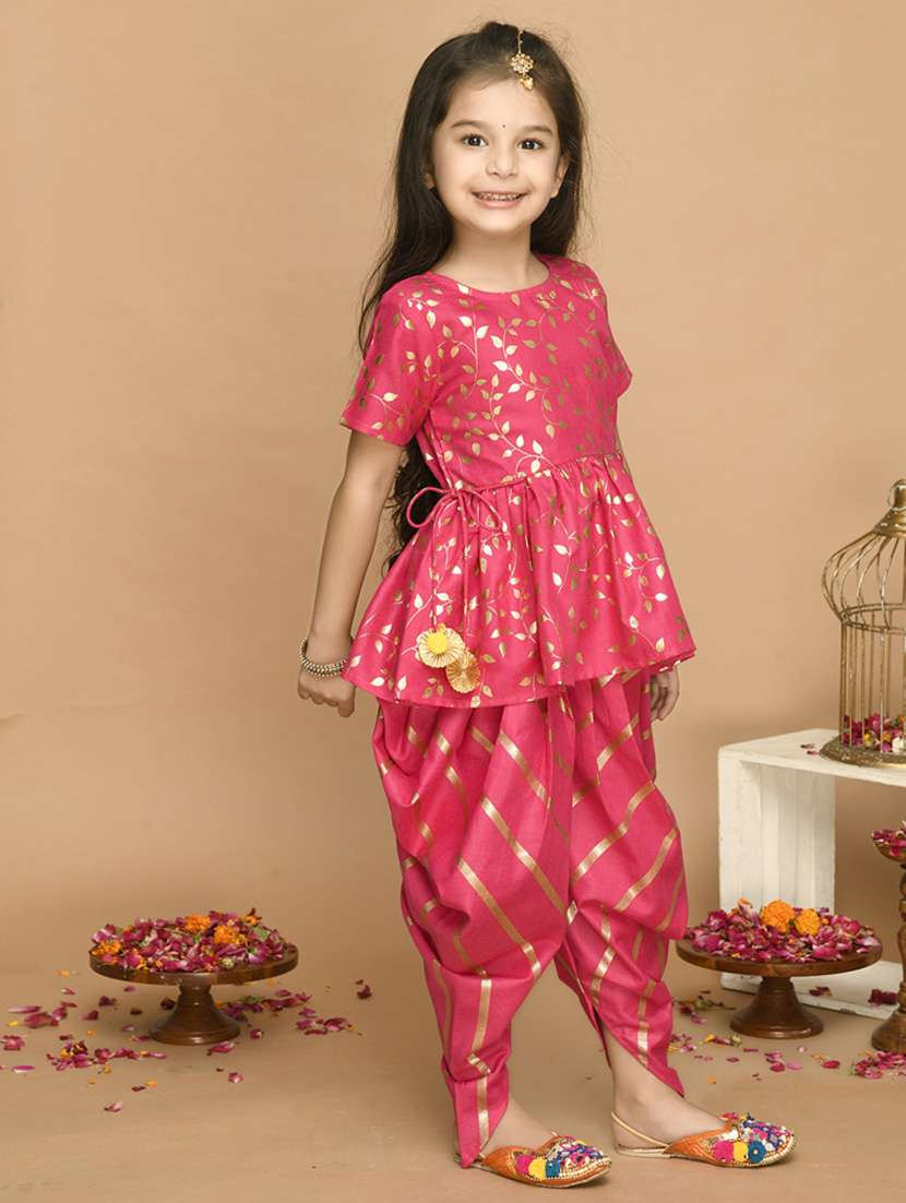 girls foil print short sleeve kurta and dhoti set - 22093378 -  Standard Image - 1