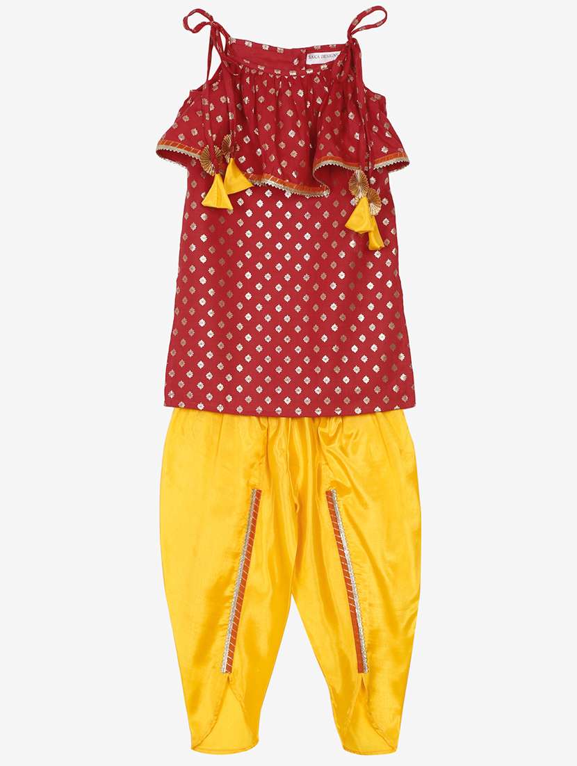 Girls Foil Print Dhoti And Kurta Set 