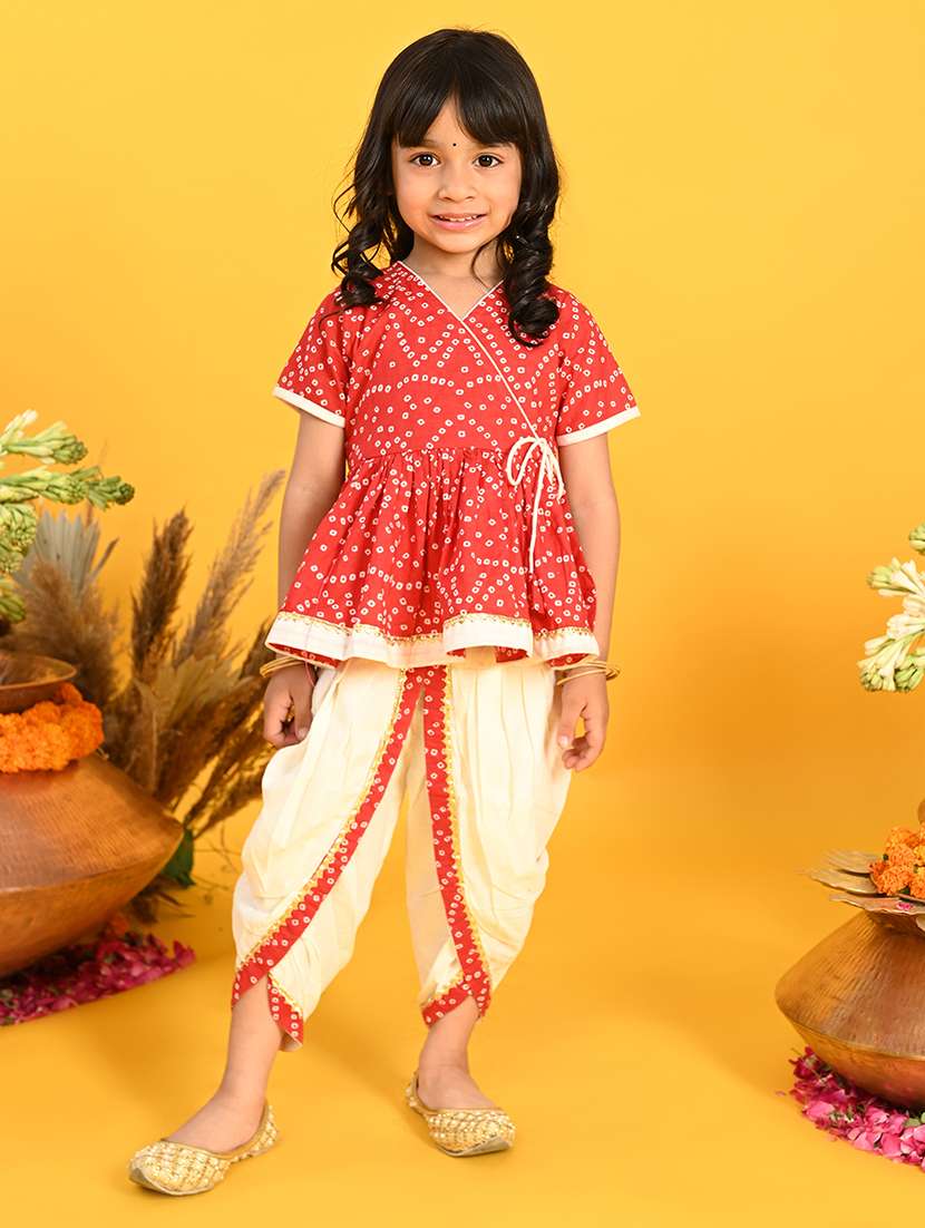 girls bandhani print kurta and dhoti set 