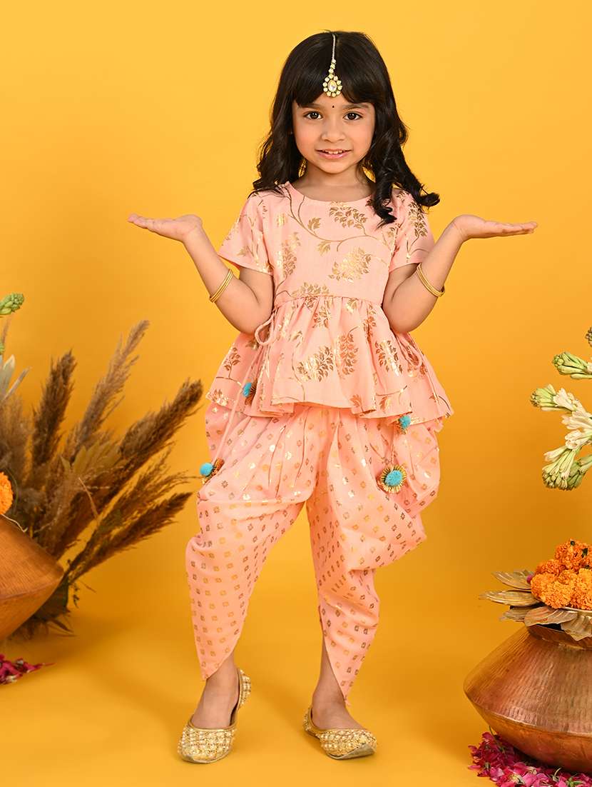 girls foil print kurta and dhoti set 