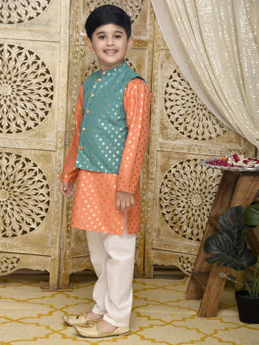 boys foil print kurta and pyjama with jacket - 22093396 -  Standard Image - 1