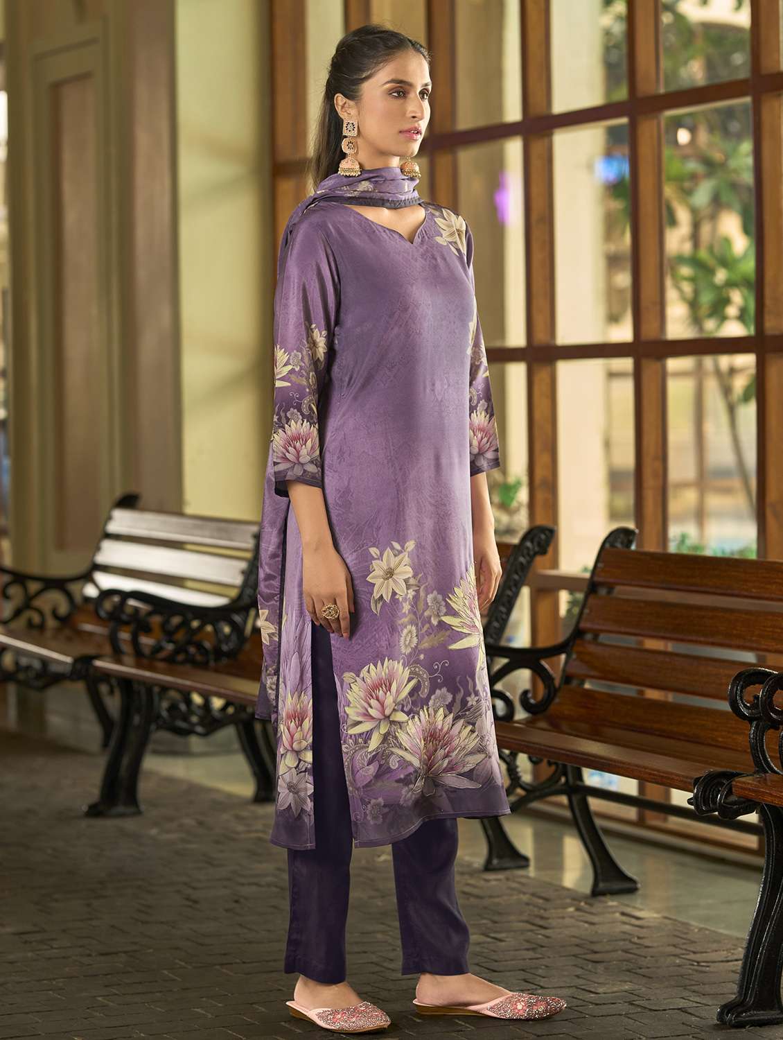 women floral three quarter sleeve kurta pant with dupatta set - 22093578 -  Standard Image - 1