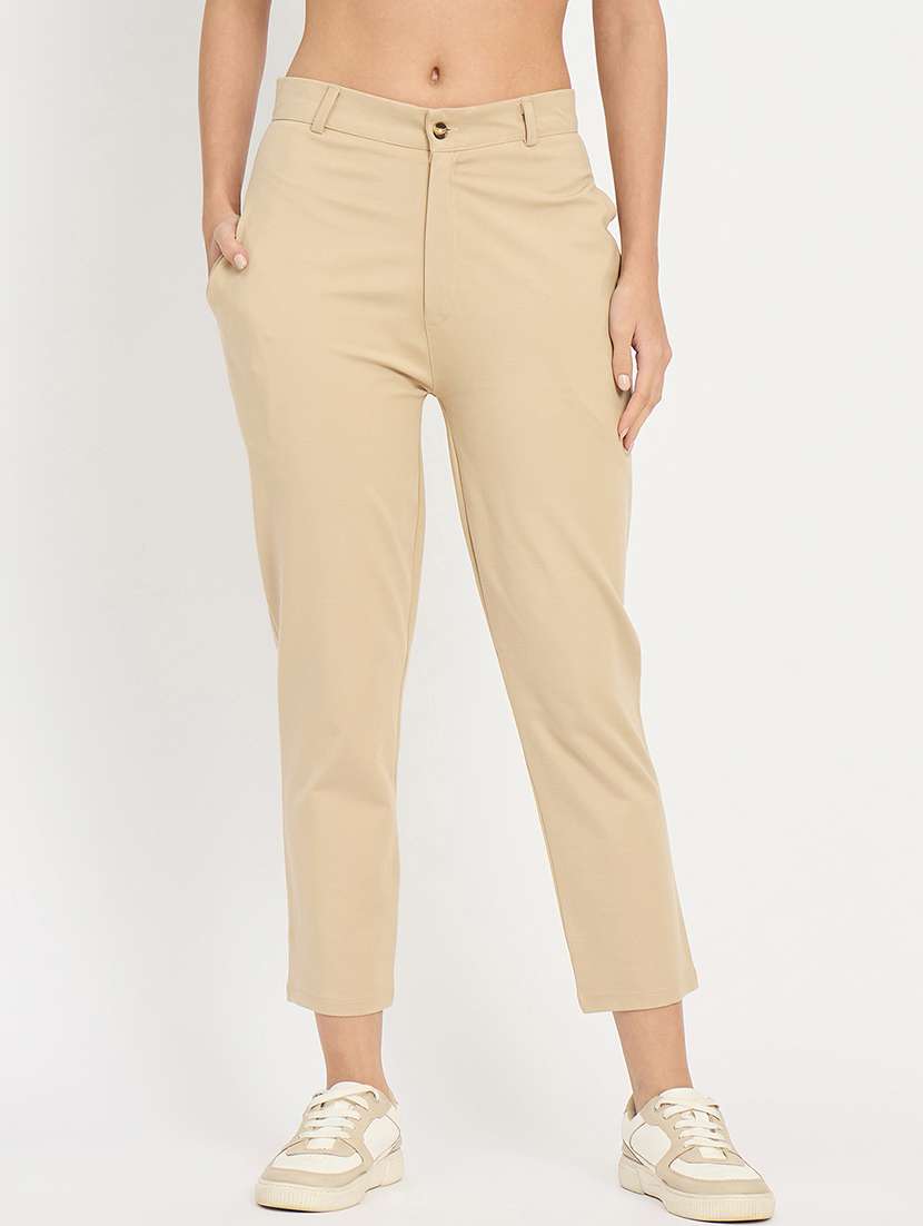 women solid mid rise tailored pants 