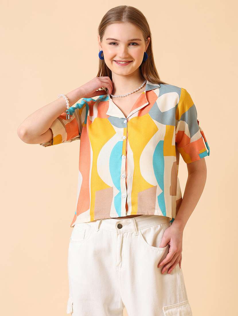 women printed roll-up sleeve crop shirt - 22094015 -  Standard Image - 1