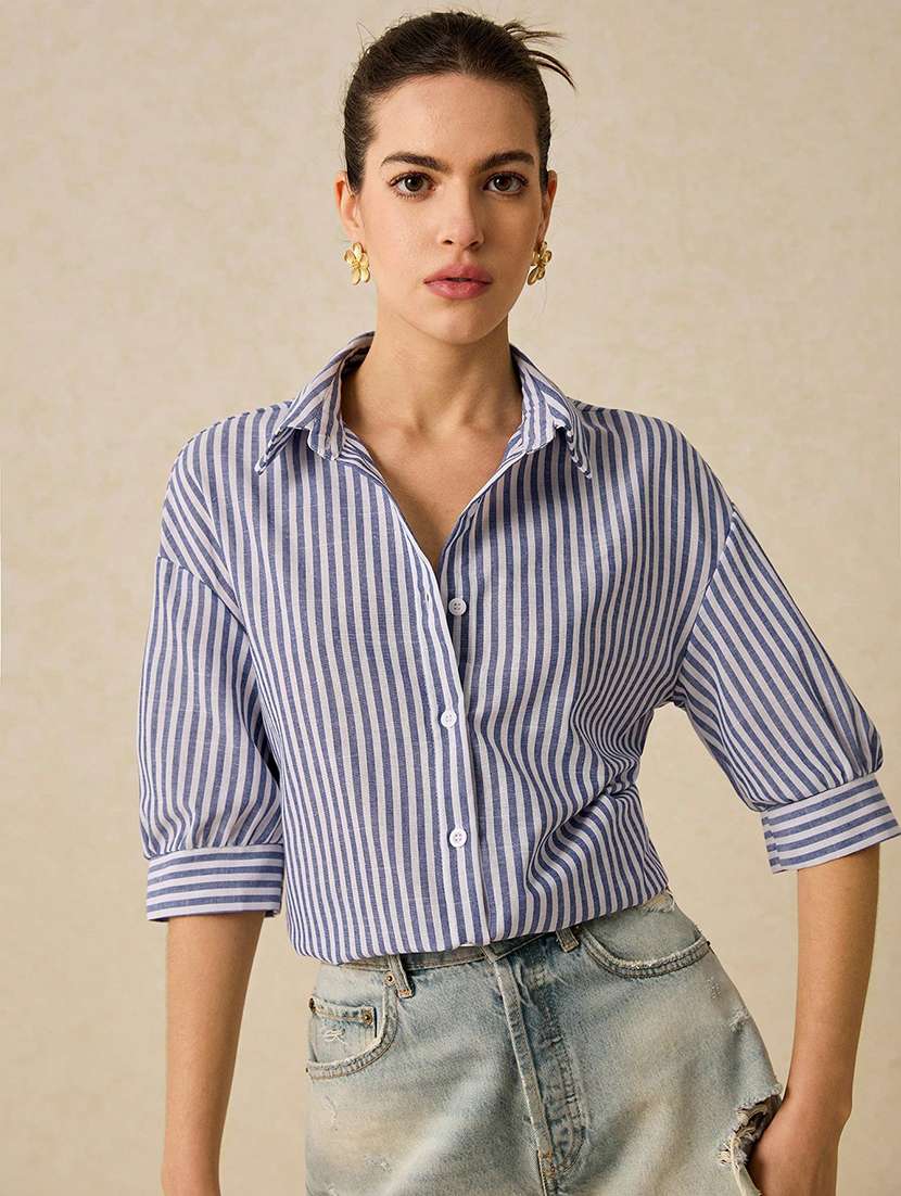 women striped collared long sleeve shirt - 22094023 -  Standard Image - 1