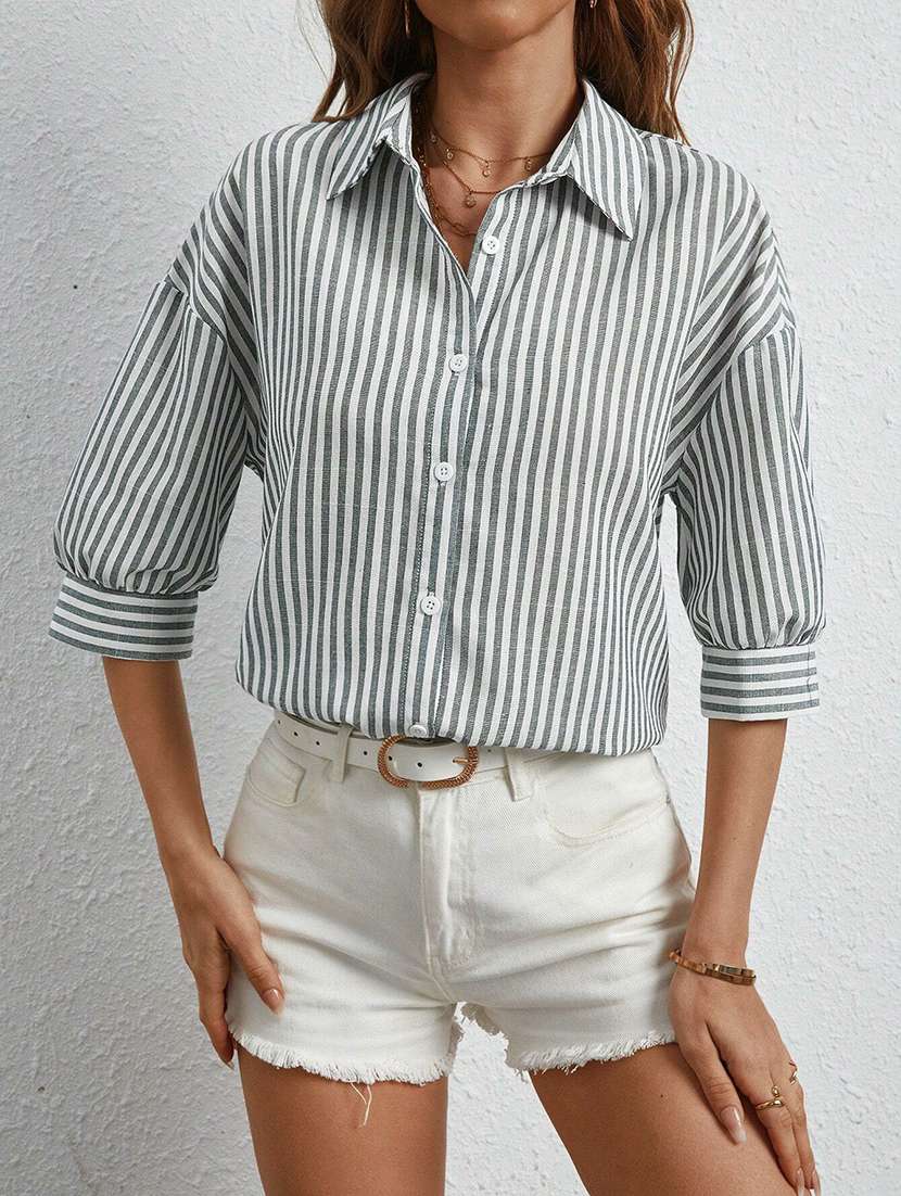 women striped collared long sleeve shirt - 22094025 -  Standard Image - 4