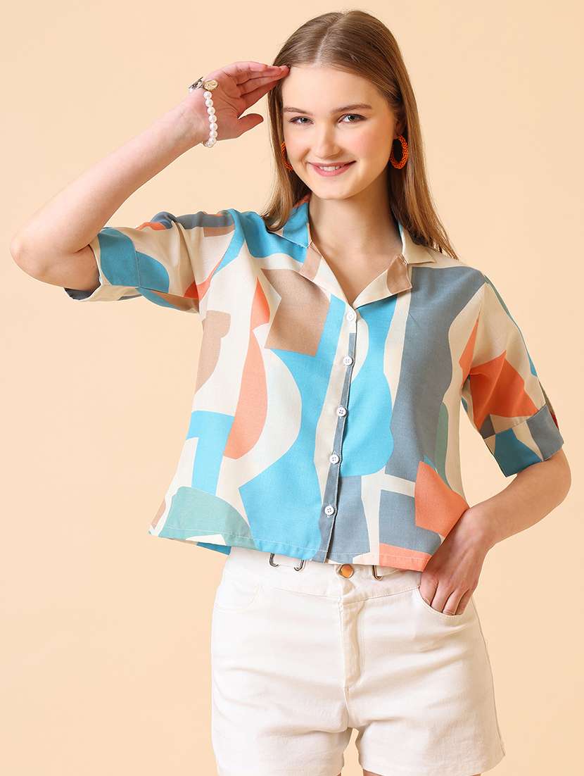 women printed roll-up sleeve crop shirt - 22094059 -  Standard Image - 4