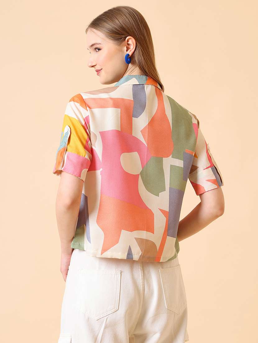 women printed roll-up sleeve crop shirt - 22094060 -  Standard Image - 4