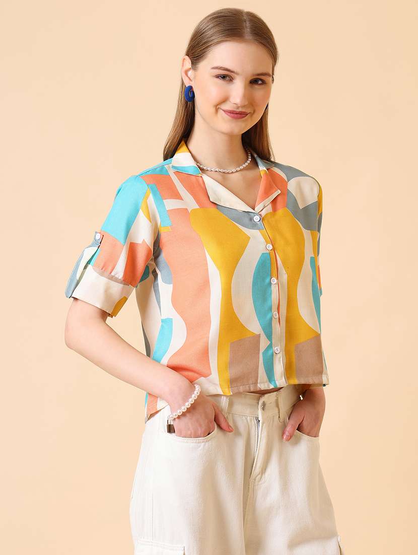 women printed roll-up sleeve crop shirt - 22094062 -  Standard Image - 1