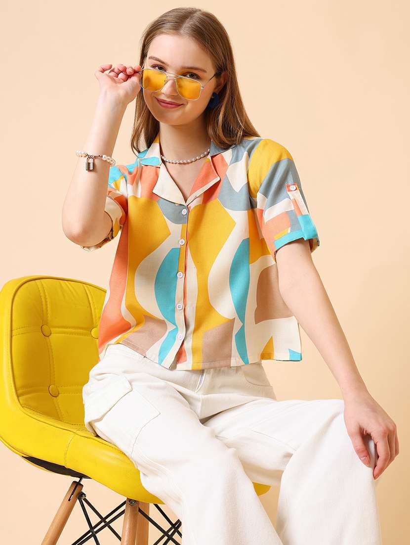 women printed roll-up sleeve crop shirt - 22094062 -  Standard Image - 4