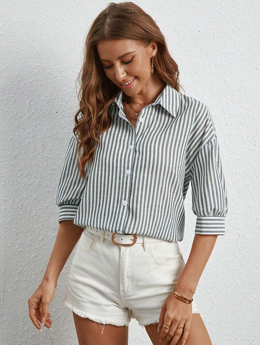 women striped collared long sleeve shirt - 22094072 -  Standard Image - 1