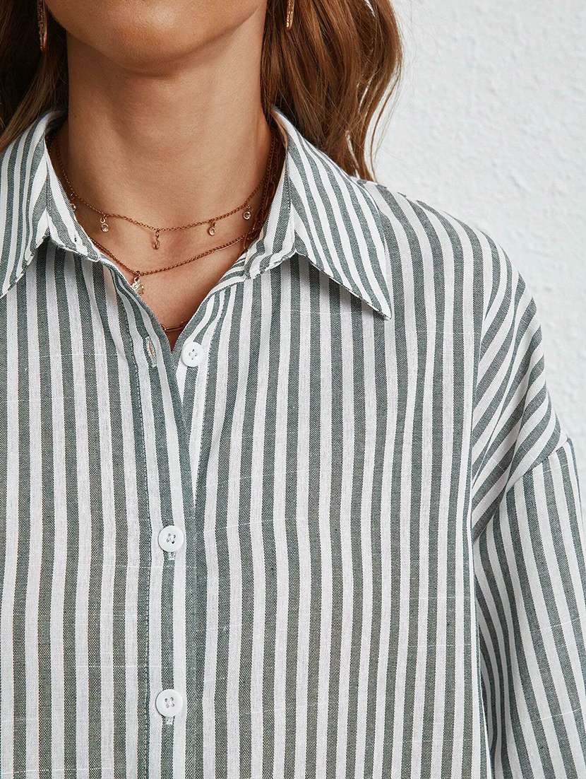 women striped collared long sleeve shirt - 22094072 -  Standard Image - 4